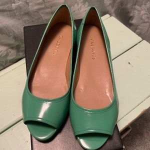 Talbots green patent leather open toe flats.